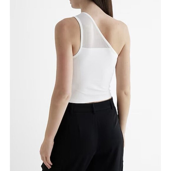 Express Womens Body Contour Stretch One Shoulder Mesh Cropped Tank White Size XS - Picture 3 of 16